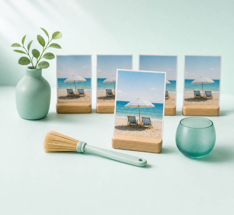 Five copies of the same beach photo on wooden stands, with the best one placed in front