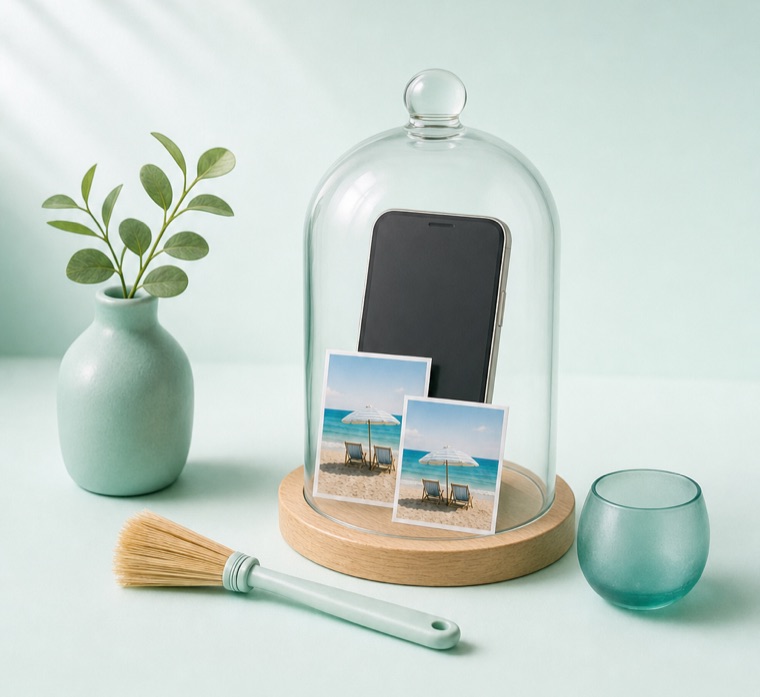 An iPhone and two photos protected under a glass dome