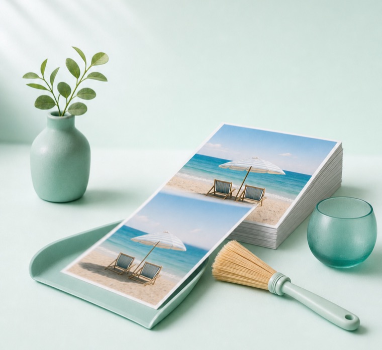 A stack of photos being swept into a mint dustpan by a small brush